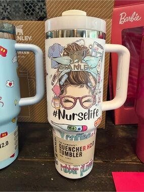 Stanley White Tumbler with Pastel Pink, Blue and Tan Accents